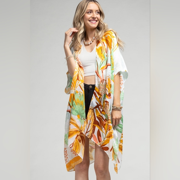Tropical Leaves & Flowers Kimono - Large Floral Print - Lightweight & Breezy - Picture 2 of 6